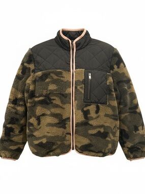 Rails Women’s Camo Sherpa Fleece Jacket with Black Quilted Yoke and Pink Trim